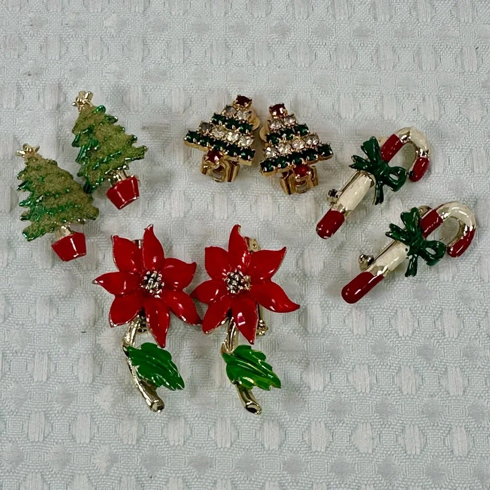 Christmas Holiday Brooch Pin Set Poinsettia Candy Cane Tree‎ Rhinestone Festive
